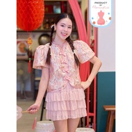 06-375 Pink Gold Cheongsam Balloon Sleeve Gong Zhu Ballon Blouse-6 Sizes