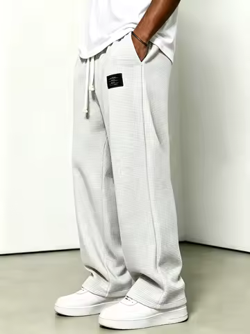 Autumn Mens Waffle Fabric Casual Pants Fashion Loose Fit Pants Straight Sweatpants Elastic Waist Dra