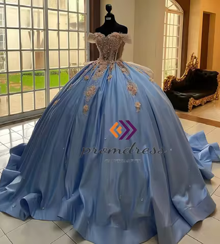 Dusty Blue Floral Vestidos de 15 Quinceañera Dress Contrast Colored Ball Gown Sweet 16 Dress Corset 