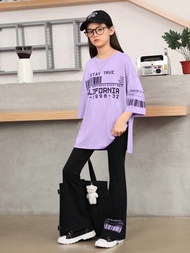 SHEIN Conjunto de camiseta con eslogan gráfico de hombro caído y pantalones acampanados para niñas preadolescentes