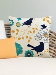 1入麻質抱枕套,帶有夏季鳥類和花卉印花,適用於家居裝飾、沙發、臥室,只包含靠墊套,尺寸為18*18英寸