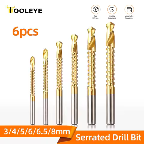 TOOLEYE 6pcs Serrated Drill Bit Set HSS Titanium Metal Twist Drills Cutting Drilling Slotting Tools 