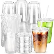 50PCS Clear Cups with Lids and Straws, Plastic Disposable Coffee Smoothie Milkshake Juice Cups To Go