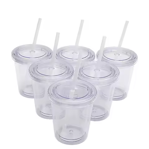 reusable double wall transparent 350ml 12oz clear plastic cup cold coffee cup plastic tumbler with s