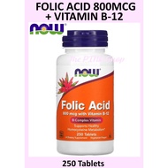 NOW Foods Folic Acid 800 mcg with Vit B-12, 250 Tablets