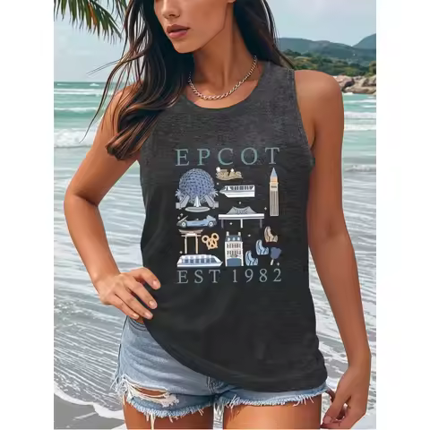 EPCOT EST 1982 Theme Park Print Tank Top For Women, Retro Graphic Loose Fit Sleeveless Vest Casual S
