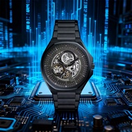 Men Automatic Mechanical Watches,Black Dial Leather Strap, Retro Business Style, Skeleton Back BQ262
