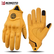 Retro Yellow Leather Motorcycle Gloves Vintage Men Motorbike Racing Gloves Touch Screen Breathable M