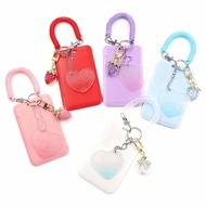 Kawaii Strawberry & Glitter Heart PCV Card Holder with Coiled Spring Wrist Strap, Cute Strawberry Pe