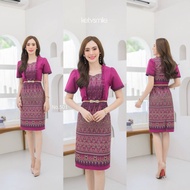 ชุดเดรสผ้าไหมแกมฝ้าย แต่งระบายอก คอหัวใจ ทรงสอบ อัดกาวทั้งชุด (S-2XL) KS501