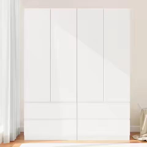 Armoire Wardrobe Closet with 4 Doors, Wooden Wardrobe Cabinet with 4 Drawers, Hanging Rod & Shelves,