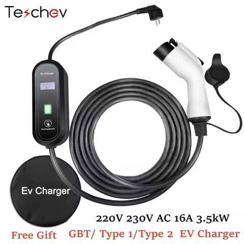 Teschev 220V 230V Portable EV Charger Wallbox 16A Type1 j1772 Charging Cable Type2 Cord IEC62196 Sch