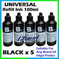 5 Bottle Black UNIVERSAL Printer Refill Ink / Refill Dye Ink Bottle 100 ml each For HP Canon Epson B