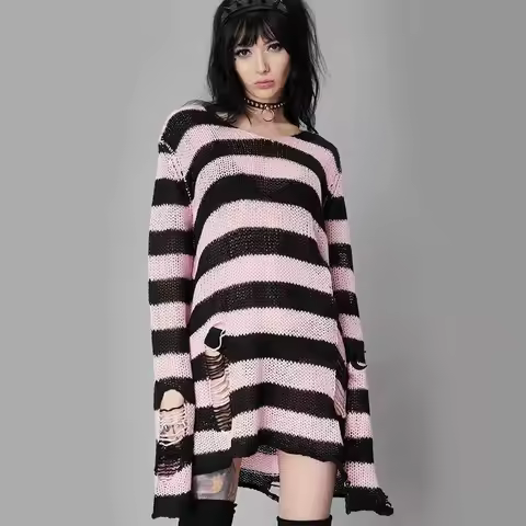 Black Red Striped Gothic Sweater Women Knitted Pullover Hollowed Out Holes Loose Punk Jumper Long Sl