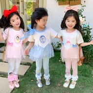 [SG Seller] Summer Short Sleeves Tee Shirts tulle tutu layer Dress and Leggings Set for Kids Frozen MyMelody Princess