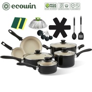 Ecowin 22pcs Cookware Set Ceramic Non Stick Frying Pan Set with Stainless Steel Steamer/Measuring Sp