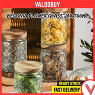 700ml/750ml Begonia Embossed Glass Jar with Acacia Wood Lid Cover Glass Multipurpose Storage Jars