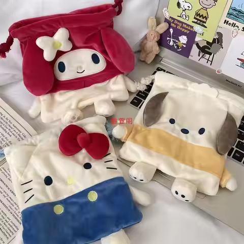 Sanrio My Melody Hello Kitty Pochacco Plush Drawstring Pouch Set Cute Storage Bag Gift