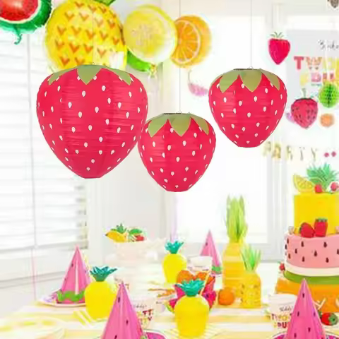 3PCS Pink Red Color 3D Strawberry Lantern 3D Design Handheld Type Children's Lantern Strawberry Shap