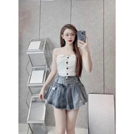 ELWYN flared jean skirt (free belt) blue pleated denim skirt size S M L 6641