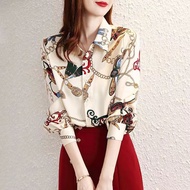 LOMOGI（S-4XL）Ladies Tops Printed Tops Chiffon Shirts Long Sleeve Tops Fashion Shirts Tops Polo Colla