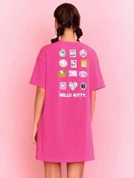 HELLO KITTY AND FRIENDS | SHEIN 玫瑰粉色可愛甜辣隨性風格寬鬆落肩T恤裙，背面有漫畫字母印花