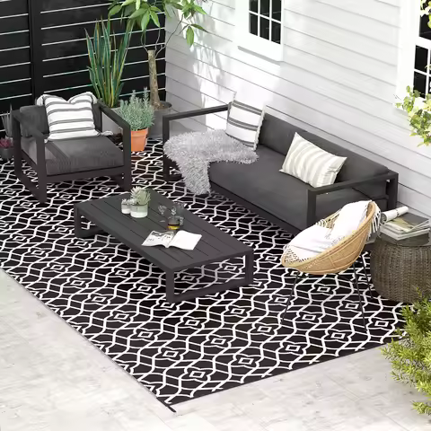 Outdoor Rug w/ Carry Bag, 9' x 18' Plastic Straw Rug, Black White