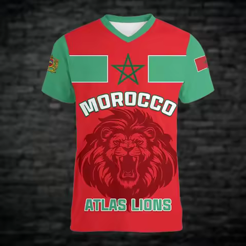 Morocco Football T-shirt For Men Clothing 3d Printed Moroccan Sports V Neck Tee Shirts GYM Tops Shor