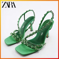 ZARA Summer New Product Women's Shoes Green Beaded Strap Ornaments Fairy Temperament High Heel Sandals Women 1332910 030