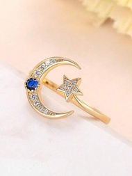 1 anillo de moda personalizado de estrella y luna para mujeres, anillo azul tipo zafiro con piedras de circonita cúbica incrustadas, diseño de anillo abierto ajustable