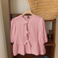 เสื้อเชิ้ตผู้หญิงคอกลม แขนพอง เอวผูก ผ้าลินินชีฟอง