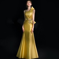 Golden Evening Dress Dinner Party Female 2022 New Banquet Temperament Long Fishtail Host Annual Party Performance Ninang Debut Formal Ball Gown Wedding Dress For Bride