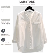 LAHSTORE women's loose long-sleeved shirt, cotton fabric, crew neck, 2 chest pockets (White)
