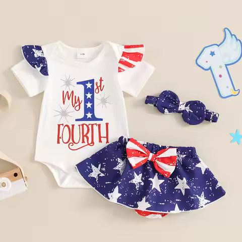 4th of July Baby Girl Outfit My 1st 4th of July Ruffle Short Sleeve Romper Shorts Fourth of July clo