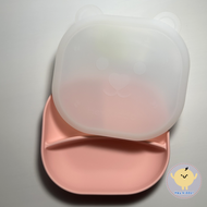 HeyKiddo:  จานซิลิโคนก้นลึก 4.5 จานซิลิโคนทรงสี่เหลี่ยม + ฝาหน้าหมีขนปุย ซิลิโคนFoodGrade สำหรับ BLW