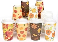 80 Pack 12oz Fall Disposable Coffee Cups with Lids Fall Paper Cups Autumn Pumpkin Coffee Cups Thanks