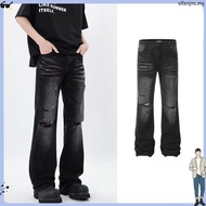 Str aight cut baggy fit vintage men's and women's black jeans with holes