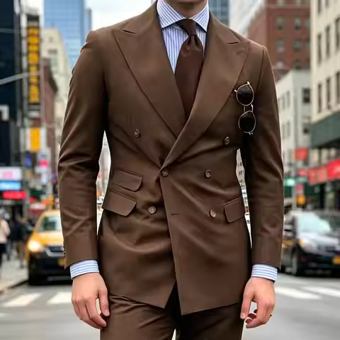 Latest Smart Coffee Men's Suits Double Breasted 2 Piece Jacket Pants Male Clothing Slim Fit Formal B
