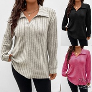 F&H 4276-XL-5XL Plus Size Women's Long Sleeve V-Neck Ribbed Textured Loose Fit Shirt Solid Color Ove