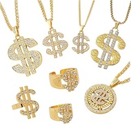 8 Pack Fake Gold Dollar Sign Chain Necklace Ring for 80s Hip Hop Costumes Set, Fake Money Chain Neck