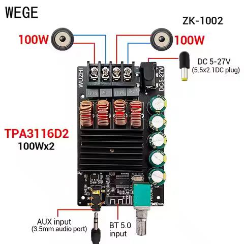 WEGE 50Wx2 100Wx2 ZK-502C 1002 HIFI TPA3116D2 BT5.0 Digital Audio Power Amplifier Board AMP Stereo 2