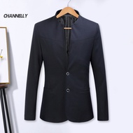 channelly Long-sleeved Suit Coat Two-button Suit Jacket Men's Slim Fit Stand Collar Blazer Jacket for Business Workwear Stylish Solid Color Suit Coat with Two Buttons Pockets