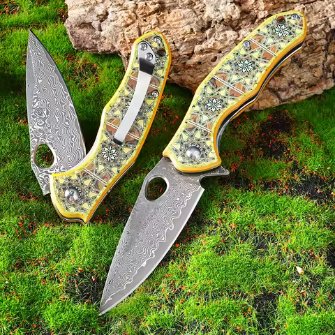 EDC Knife Damascus steel knife 59 HRC Blade Aluminum plate + 3D printing Handle Ball bearing Folding