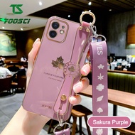 For iPhone 14 Pro Max iPhone 14 Plus iPhone 13 Pro Max 13 mini iPhone 12 Pro Max 12 mini 11 Pro Max XS Max XR SE 7 Plus 8 Plus 6 Plus Luxury Plating Maple Leaf Soft Phone Case Wrist Strap Holder + Crossbody Strap Wristband Back Cover