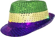 Mardi Gras Fedora Hat with LED Lights Sequins Blinking Fedora for Carnival Parade (Triple-Decker)