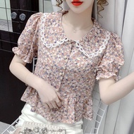 ULD - ฝรั่งเศสวินเทจลายดอกไม้เสื้อผู้หญิงฤดูร้อนใหม่ลูกไม้ลูกไม้ตุ๊กตาคอแขนสั้นปิดเอวบางร้อยด้านบน X