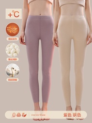 ผู้หญิง เอวสูง บุด้วยผ้าฟลีซ De Velvet Thermal กางเกง เอวกลาง Heattech Base Layer กางเกงขายาว สบาย โ