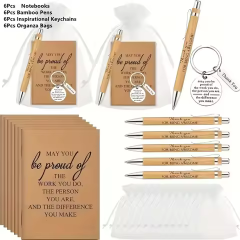 24pcs/6sets Thank You Bamboo Pen Gift Set Team Inspirational Keychain Thank You Card Organza Bag Cow