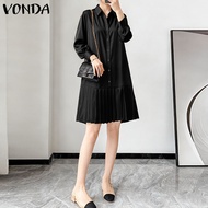 VONDA ชุดแฟชั่นสตรีทแวร์สไตล์เกาหลีสำหรับผู้หญิงชุดแขนยาวมีกระดุมชุดเดรสจีบสีพื้น เสื้อสุภาพสีดำ เสื