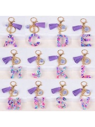 A-Z樹脂字母鑰匙扣，紫色蝴蝶吊墜鑰匙鏈，包袋背包吊飾車內掛墜耳機收納盒配件女生禮物